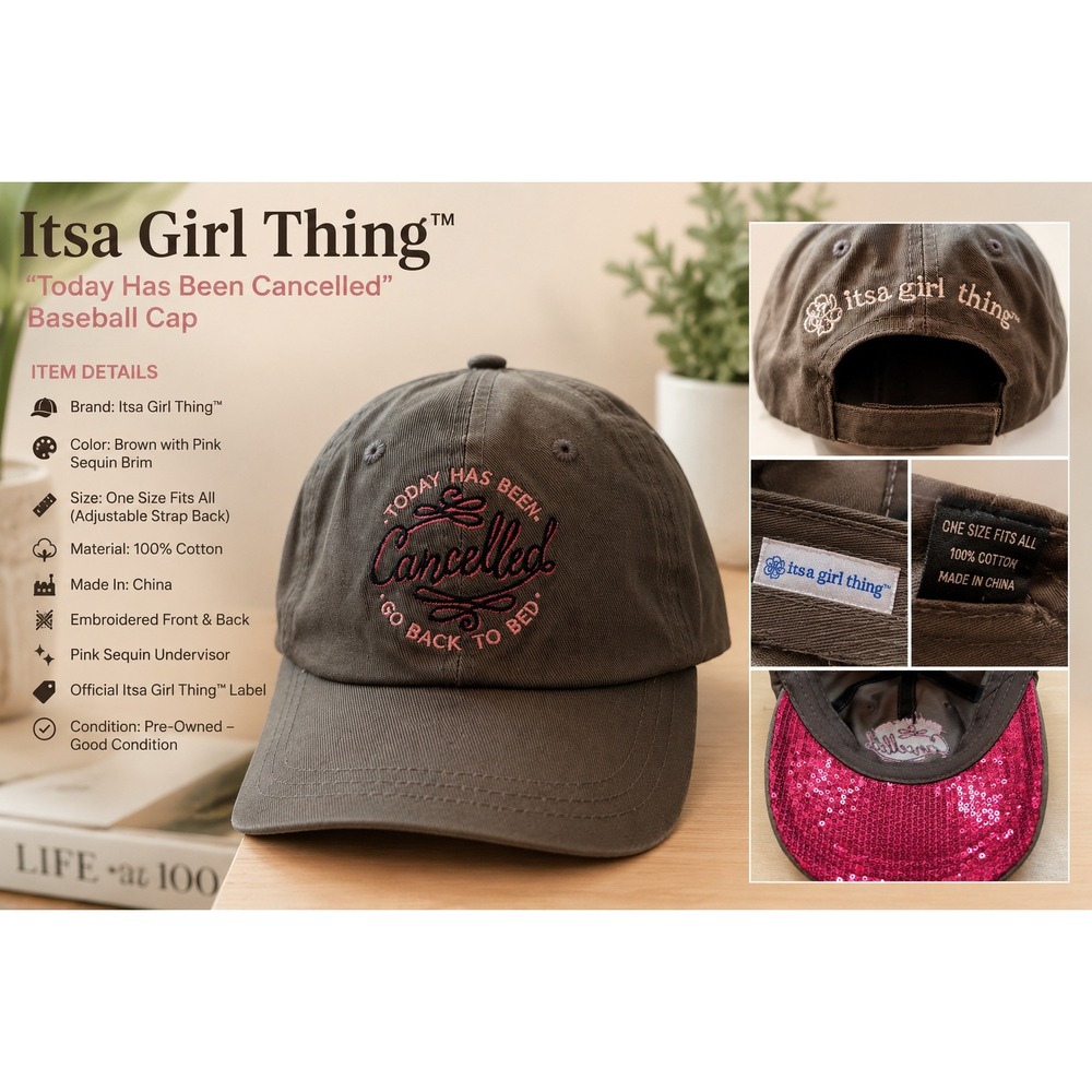 Itsa Girl Thing Today Has Been Cancelled Hat Brown Pink Sequins Baseball Cap